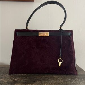 Tory Burch Lee Radziwill Faux Fur Burgundy Handbag